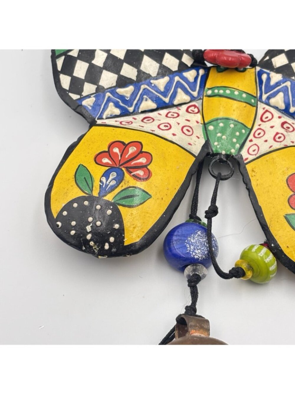 Handmade Painted Floral Butterfly Wind chime iron 21 inches long glass beads - Picture 8 of 16